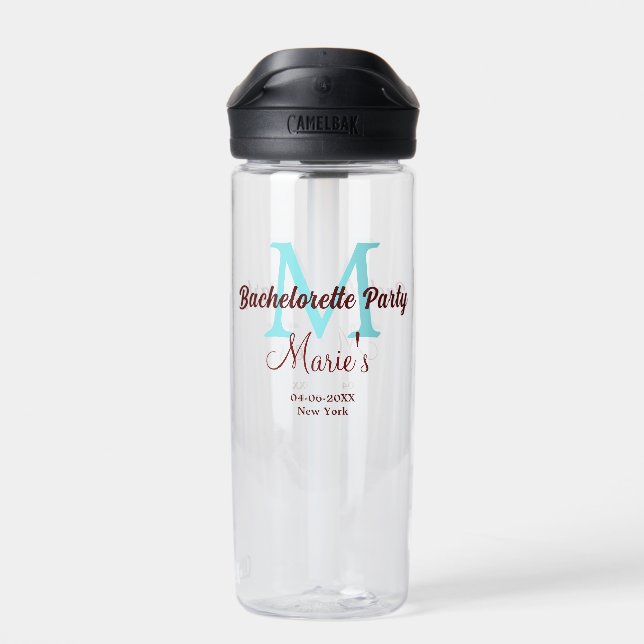 bachelorette party monogram add name date place si water bottle (Back)