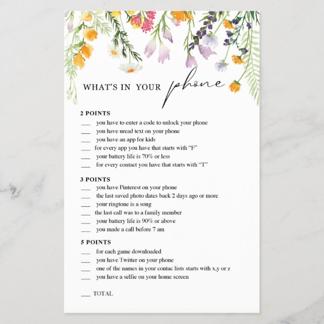 Bachelorette Party Phone Game Wildflowers Flyer (Front)