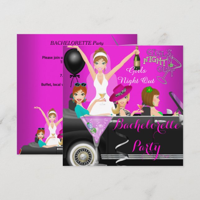 Bachelorette Party Pink Fun Limo Car Cocktails 1 Invitation (Front/Back)