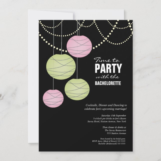 Bachelorette Party Pink Green Paper Lanterns Invitation (Front)