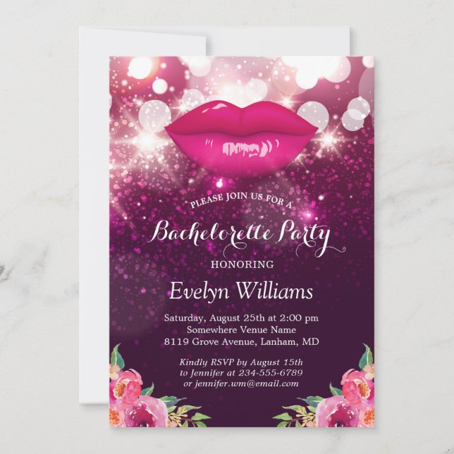 Bachelorette Party Pink Purple Glitter Lips Floral Invitation (Front)
