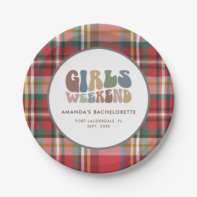 Bachelorette Party Plaid Girls Weekend Retro Paper Plate (Front)
