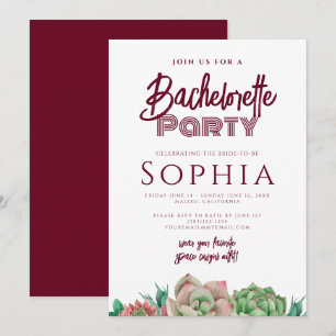 Bachelorette Party Red Burgundy CACTUS Modern Invitation