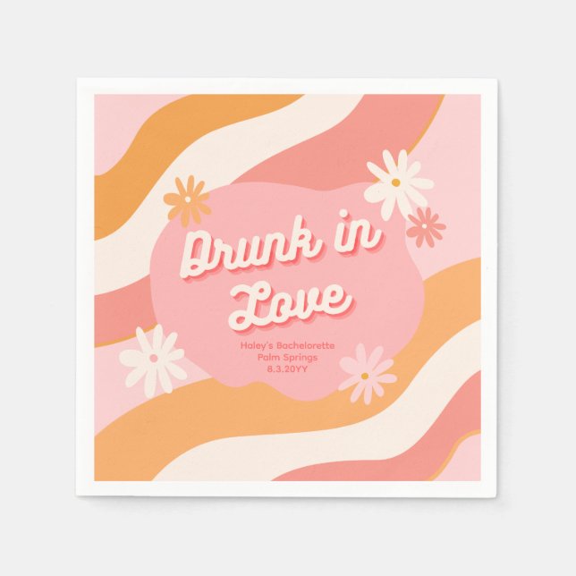 Bachelorette Party Retro Pink Drunk in Love Paper Napkin (Front)
