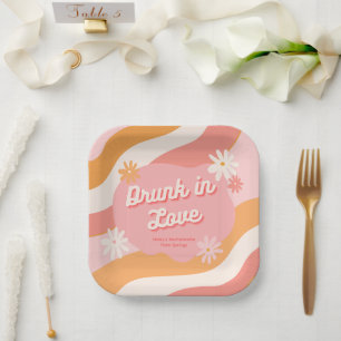 Bachelorette Party Retro Pink Drunk in Love  Paper Plate