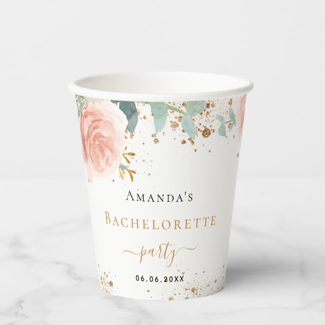 Bachelorette party rose gold floral eucalyptus  paper cups (Front)