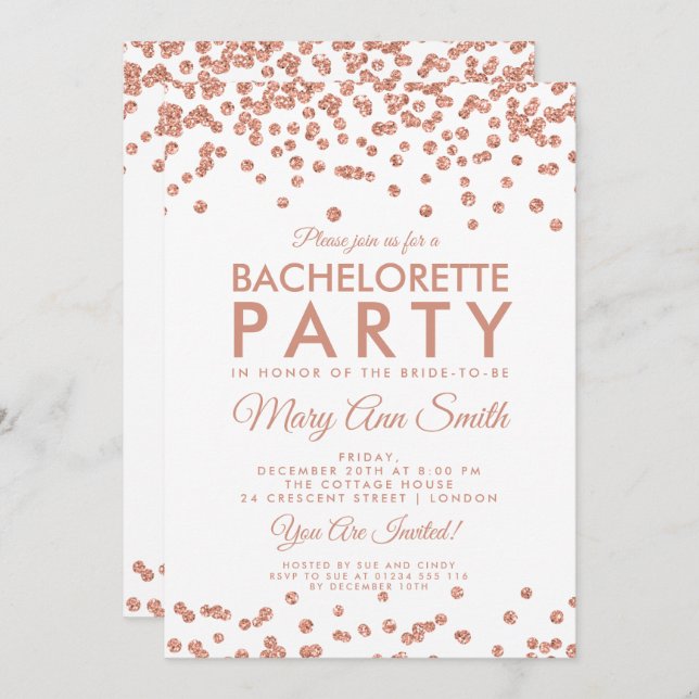 Bachelorette Party Rose Gold Glitter Confetti Invitation (Front/Back)