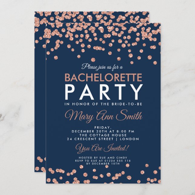 Bachelorette Party Rose Gold Glitter Confetti Navy Invitation (Front/Back)