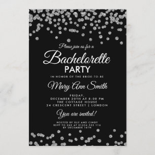 Bachelorette Party Silver Glitter Confetti Black Invitation