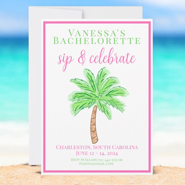Bachelorette Party Sip Celebrate Palm Tree Preppy Invitation (Creator Uploaded)