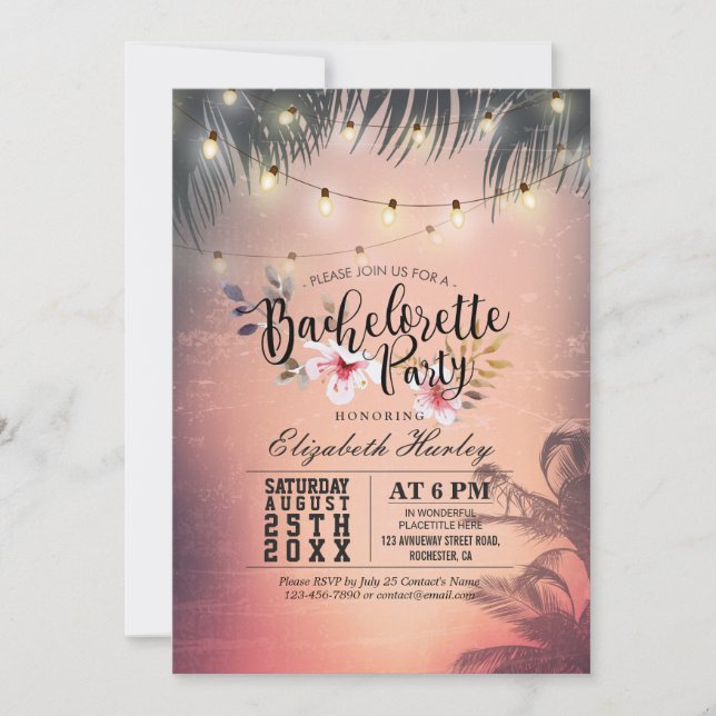 Bachelorette Party Summer Beach Palm Trees Lights Invitation (Front)