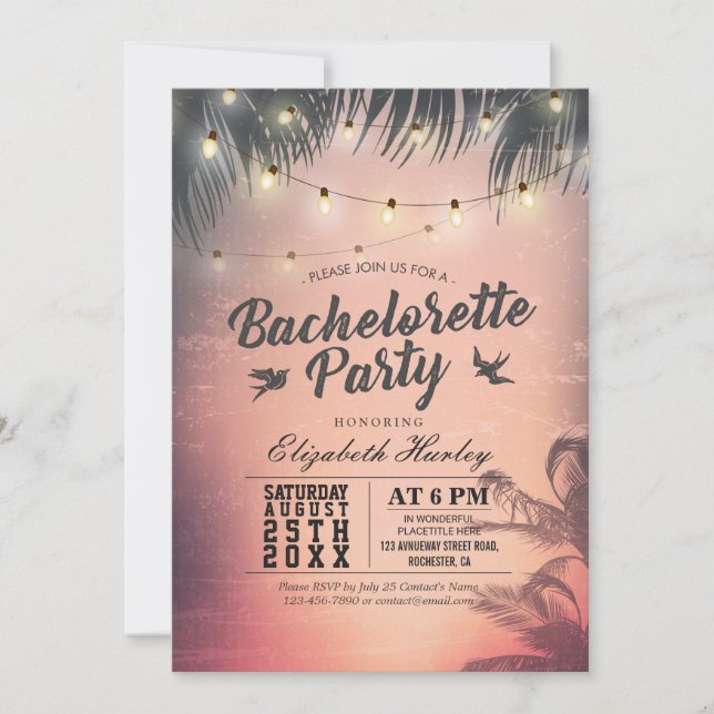 Bachelorette Party Summer Beach Palm Trees Lights Invitation (Front)