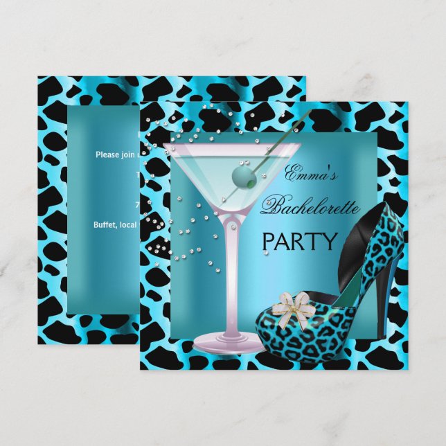 Bachelorette Party Teal Blue Leopard Shoes Black Invitation (Front/Back)