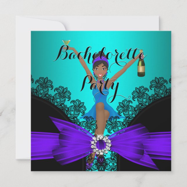 Bachelorette Party Teal Purple Black Lace fun Invitation (Front)