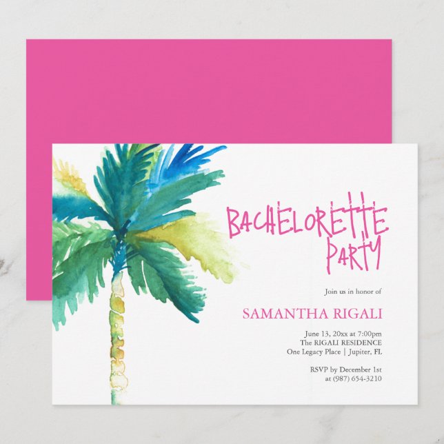 Bachelorette Party Watercolor Tropical Palm Tree Invitation (Front/Back)