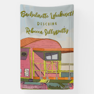 Bachelorette party with pink lifeguard tower banner