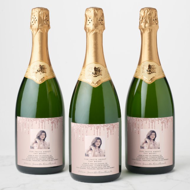 Bachelorette photo rose gold fun facts bio sparkling wine label (Bottles)