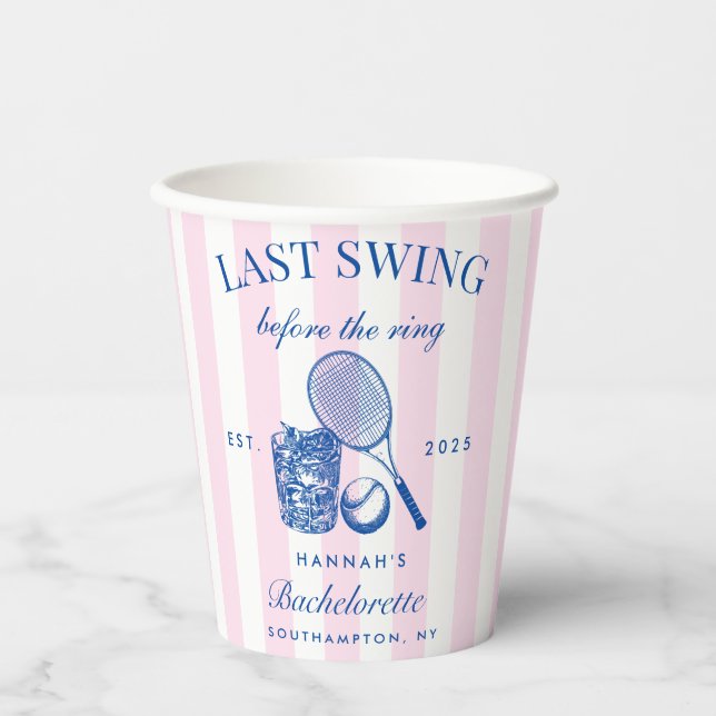 Bachelorette Retro Cocktail Blue & Pink Stripes Paper Cups (Front)