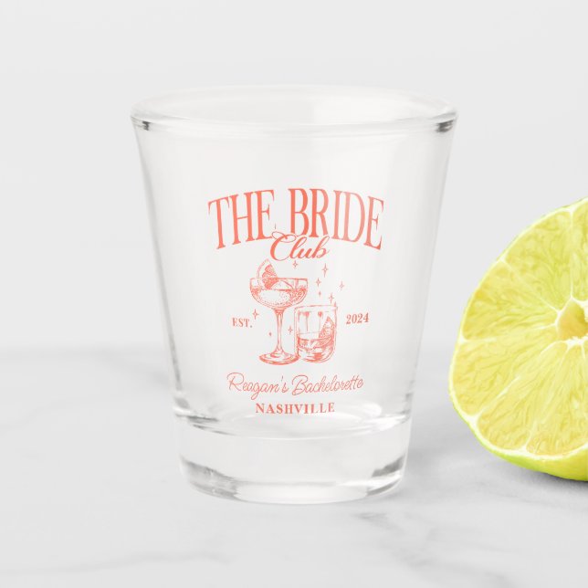 Bachelorette Retro Cocktail Orange Bride Shot Glass (Front)