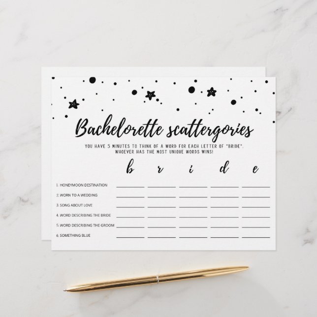 Bachelorette Scattergories editable Bridal game (Front/Back In Situ)