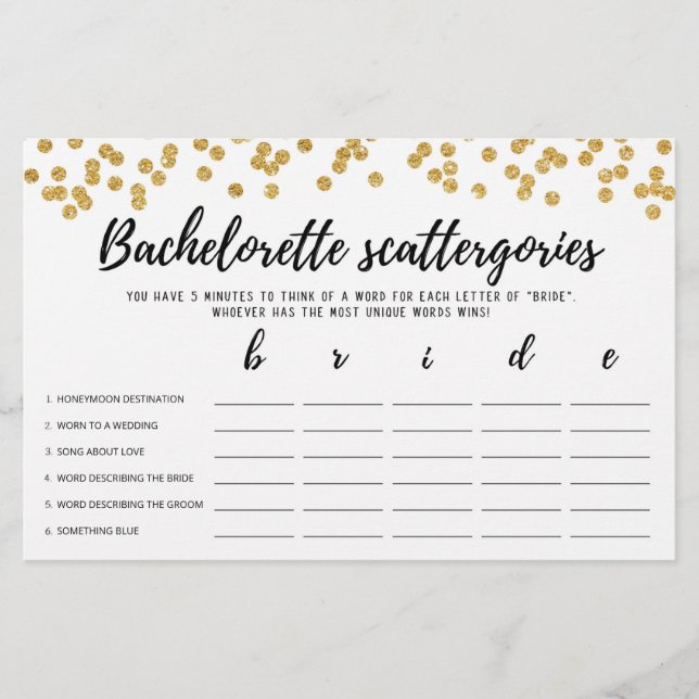 Bachelorette Scattergories editable Bridal game (Front)