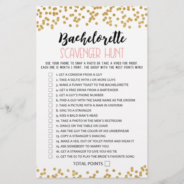 Bachelorette Scavenger Hunt Hen Party game (Front)