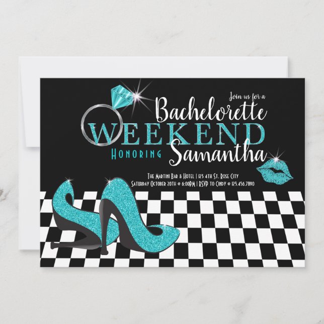 Bachelorette Weekend | black & Turquoise Invitation (Front)