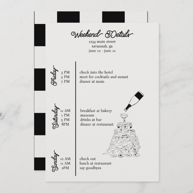 bachelorette weekend details black and white  invitation (Front/Back)