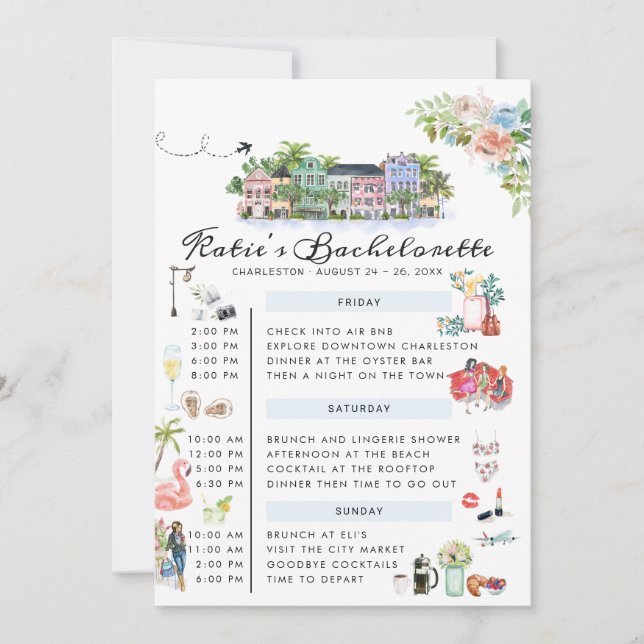 Bachelorette Weekend Itinerary | Charleston, SC  Invitation (Front)