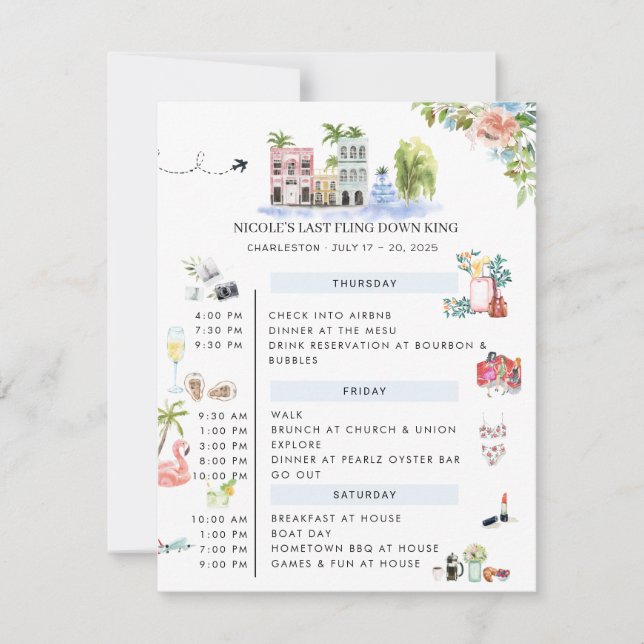 Bachelorette Weekend Itinerary | Charleston, SC Invitation (Front)