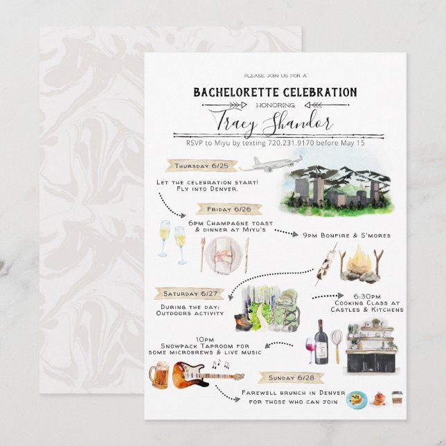 Bachelorette Weekend Itinerary | Denver, Colorado Invitation (Front/Back)