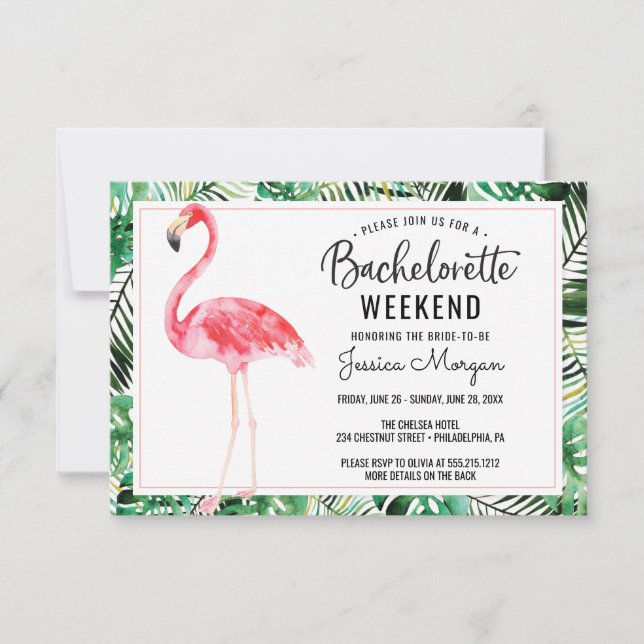 Bachelorette Weekend Itinerary Flamingo Tropical Invitation (Front)