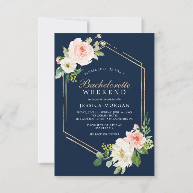 Bachelorette Weekend Itinerary Navy Blue Gold Invitation (Front)