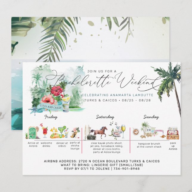 Bachelorette Weekend Itinerary | Turks & Caicos Invitation (Front/Back)