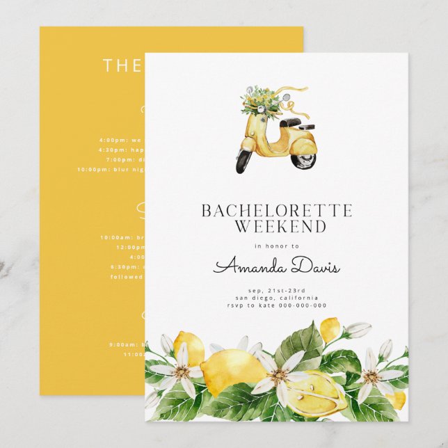 Bachelorette Weekend Lemon Mediterranean Yellow  Invitation (Front/Back)