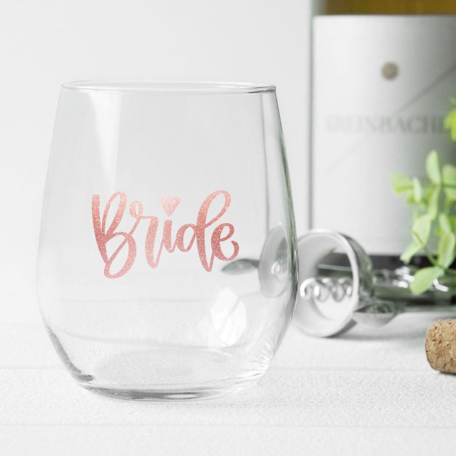 Bachelorette Weekend Party Favour Personalized Stemless Wine Glass (stemless wine glass for wedding that says bride in pretty rose gold glitter script)