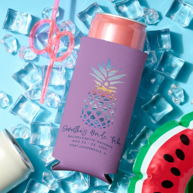 Bachelorette Weekend Party Purple Pineapple Script Seltzer Can Cooler (In Situ Summer)