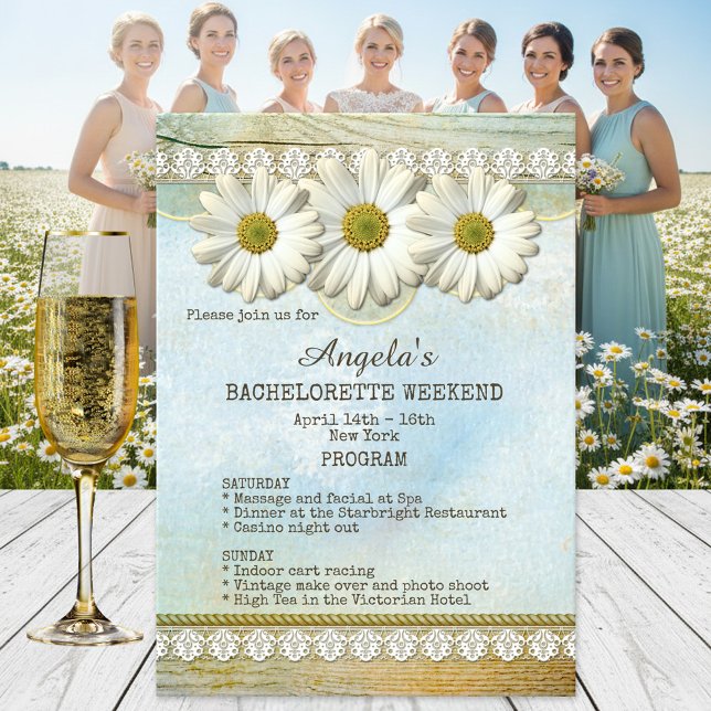 Bachelorette Weekend Programme Invitation Modèle (Bachelorette weekend getaway program template with a boho chic design with daisies on rustic wood)