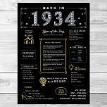 Back In 1934 Printable Poster, 1934 Birthday Sign<br><div class="desc">Embark on a journey back to 1934 with our captivating digital poster, brimming with historical facts, news highlights, and intriguing titbits from bygone years. Enhanced with faux gold and silver accents set against a striking black backdrop, adorned with distinctive icons and bold typography, this poster radiates timeless elegance. Whether igniting...</div>