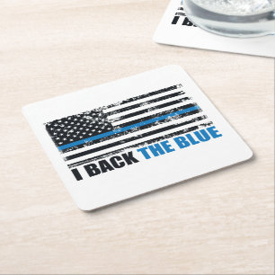 Back the Blue Thin blue line USA Flag Square Paper Coaster