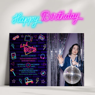 Back to 80s Retro Neon Birthday Photo Party Invitation