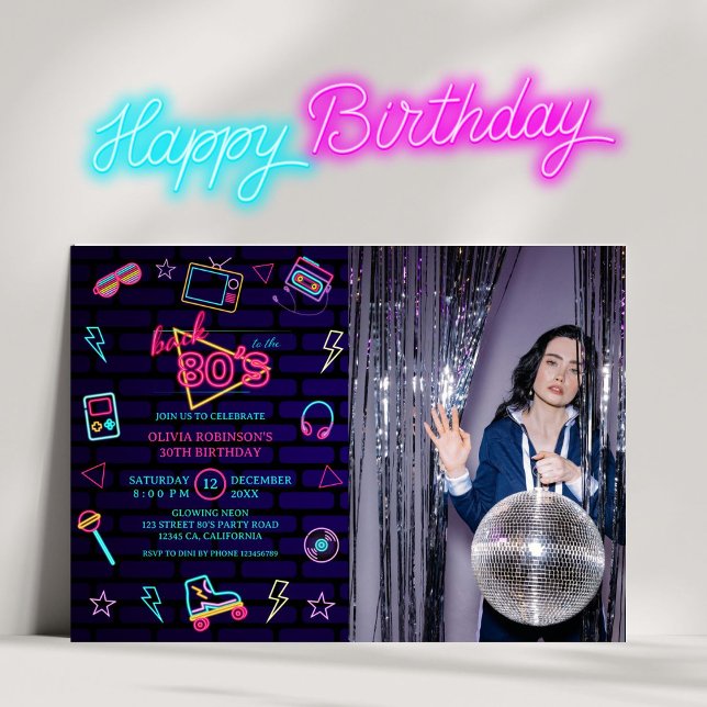 Back to 80s Retro Neon Birthday Photo Party Invitation (Creator Uploaded)
