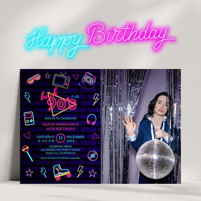Back to 90s Retro Neon Birthday Photo Party Invitation (Creator Uploaded)