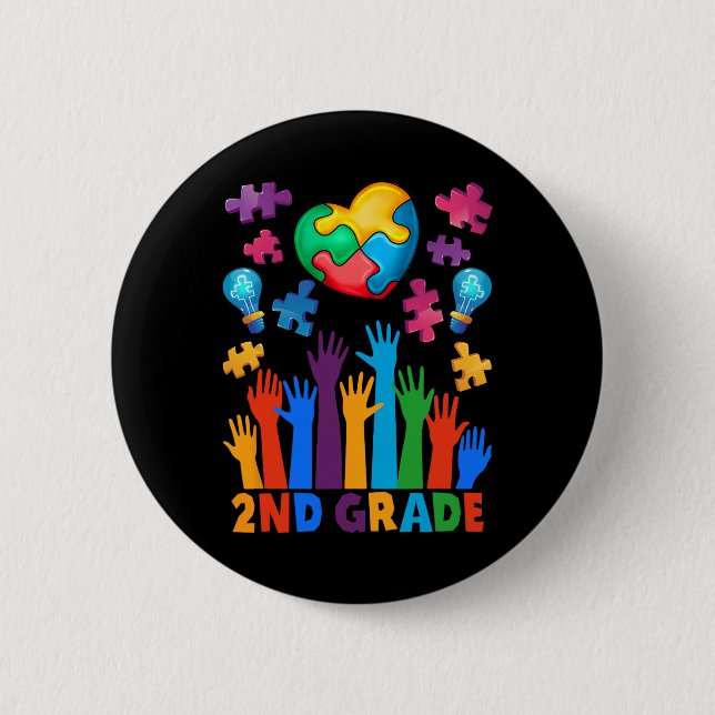 Back To School 2nd Grade Puzzles Heart Autism Awar 2 Inch Round Button (Front)