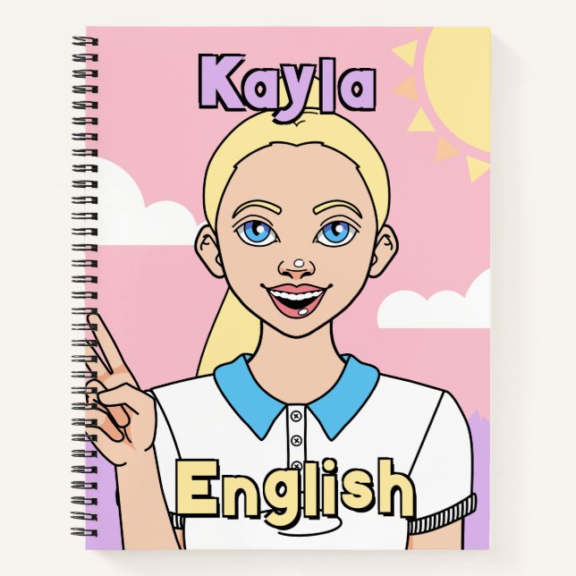 Back to School Blonde Pink Cartoon Girl Subject Notebook (Front)
