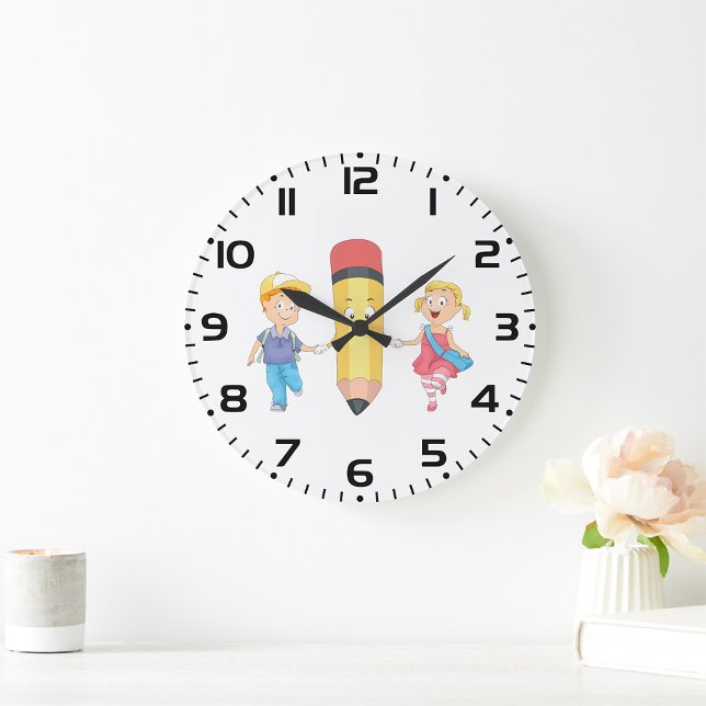 Back to School Cartoon Happy Pencil and Kids  Large Clock (Creator Uploaded)