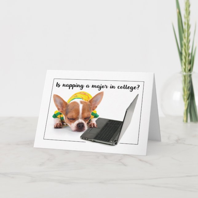 Back to School College Funny Napping Dog on Laptop Card (Front)