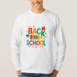 Back to School" Colorful Pencil & Apple Graphic T-Shirt<br><div class="desc">Get ready to rock the new school year with this vibrant “Back to School” tee! Featuring a bold multicolor design with a pencil,  apple,  and celebratory confetti on a soft,  high‑quality cotton blend—perfect for teachers,  students,  or anyone excited for the classroom. Comfortable,  stylish,  and ready for everyday learning adventures.</div>