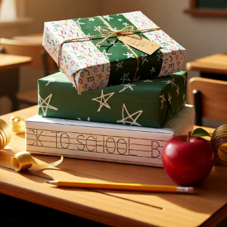 Back to school colour, green and b&w wrapping paper sheet