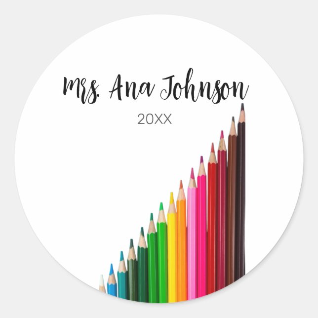 Back to school colour pencils add name class year classic round sticker (Front)
